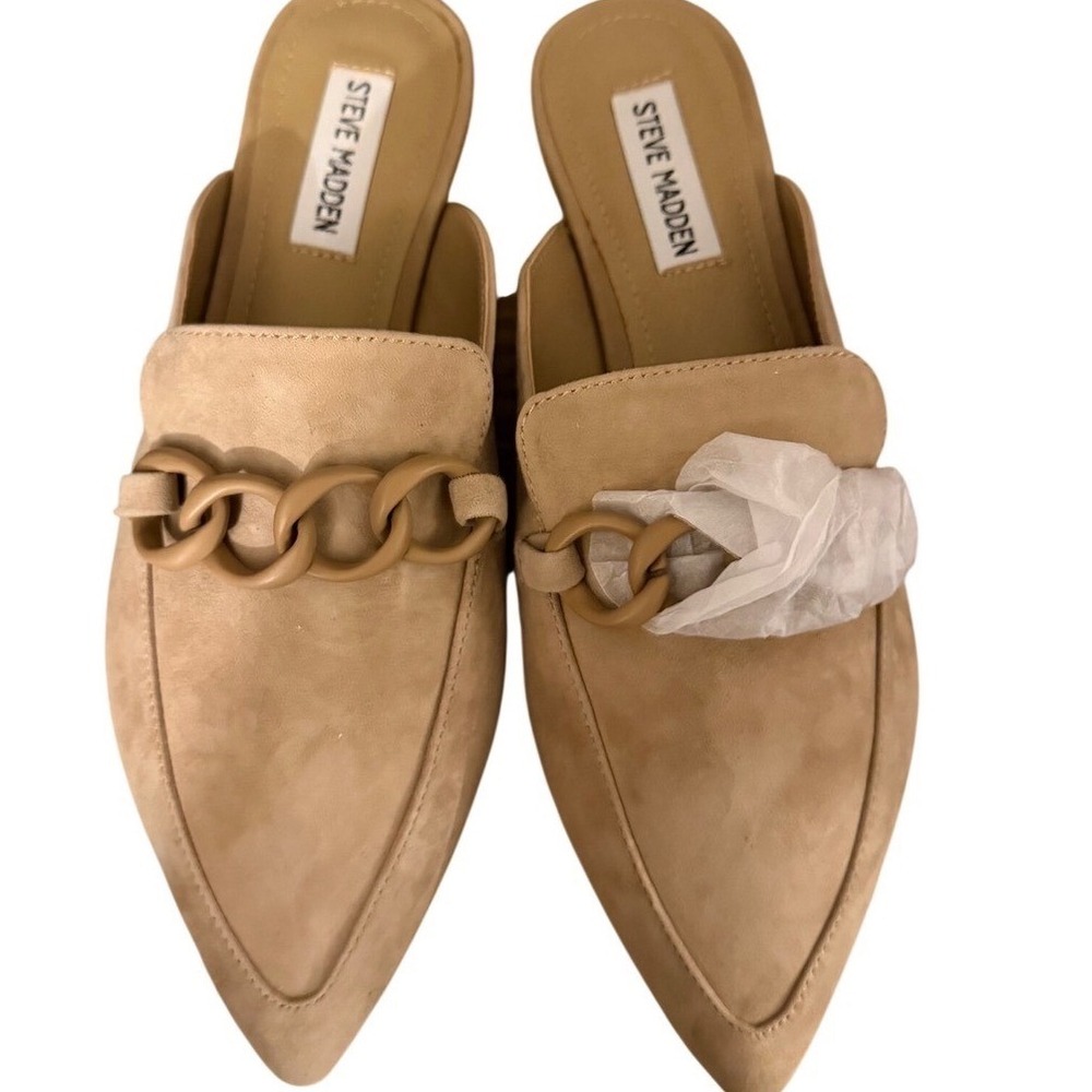Steve Madden Forte Tan Suede Chain Link Mules Women 8.5 Pointed Toe Flat Loafers - Picture 2 of 11